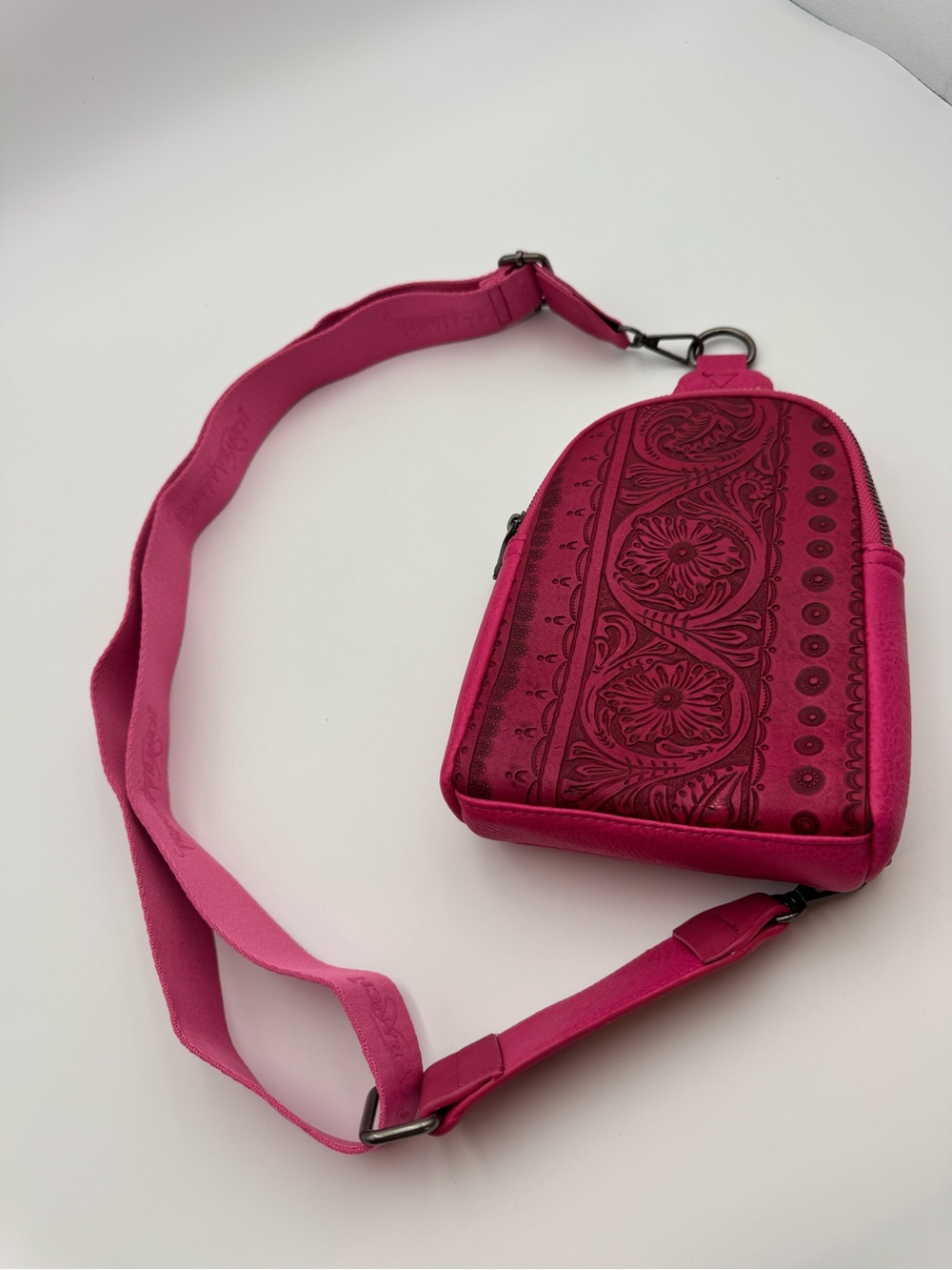 Trinity Ranch Bright Pink Embossed Floral Crossbody Sling Bag